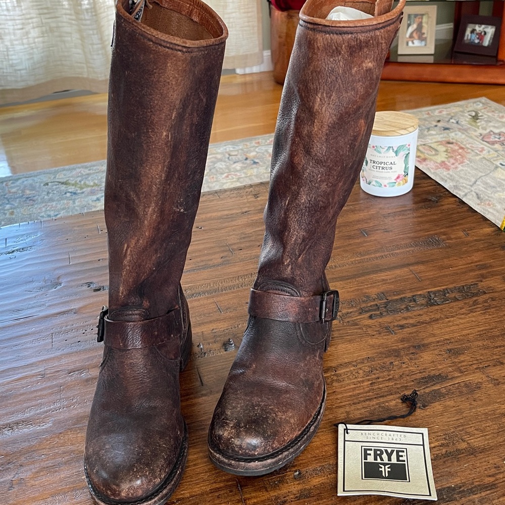 Frye Veronica Slouch Distressed Cognac 13” Boots SIZE 9